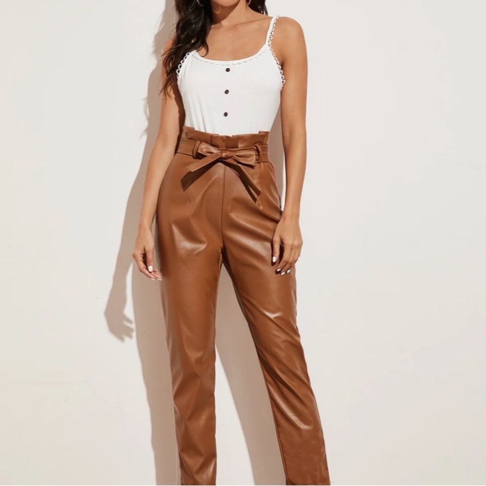 High waisted brown paper bag faux leather pants